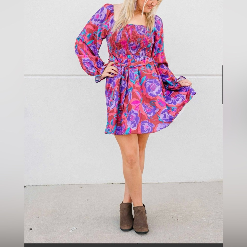Fantastic Fawn Pink and Purple Floral Long Sleeve Mini Dress